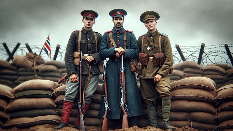 res soldados, con uniformes que representan a diferentes naciones (posiblemente un francés, un ruso y un británico), se alzan frente a una trinchera hecha de sacos de arena y alambre de púas.