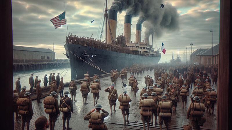 Una multitud de soldados estadounidenses uniformados, con grandes mochilas, camina por un muelle. Un enorme buque de vapor, del que sale humo, espera en el fondo, con una bandera de EE. UU. en la proa.