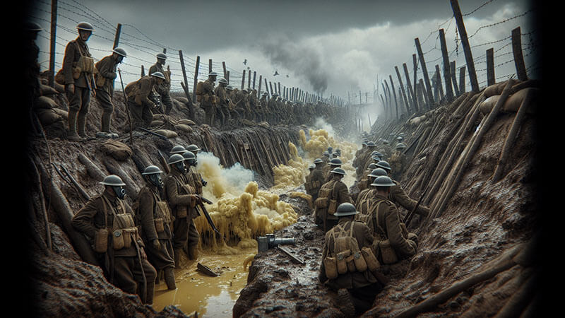Soldados con máscaras de gas atraviesan una trinchera llena de barro y agua contaminada, con humo amarillento ascendiendo, indicando un ataque con gas tóxico en el frente occidental.