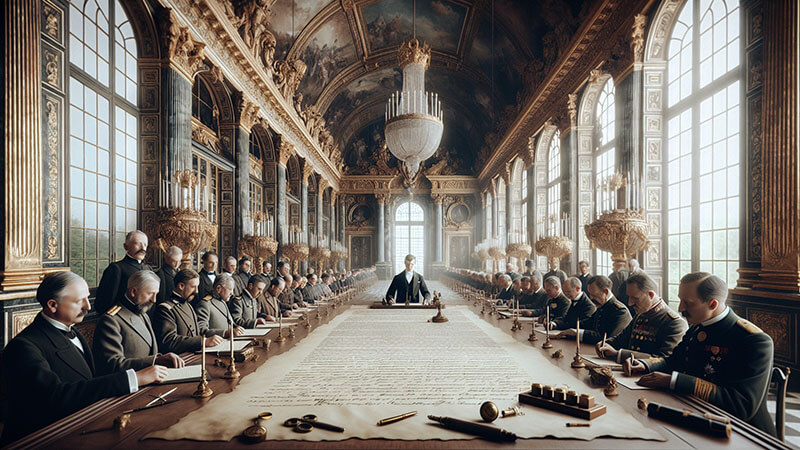Vista de un gran salón decorado con opulencia (similar a la Galería de los Espejos de Versalles). Numerosos delegados, la mayoría hombres de traje y uniformes militares, están sentados alrededor de una mesa alargada firmando un documento.