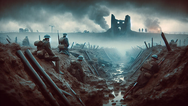 Un grupo de soldados se refugia en una trinchera fangosa y destruida, bajo la lluvia y cielos oscuros. A lo lejos, se vislumbran las ruinas de una estructura y la neblina del campo de batalla.