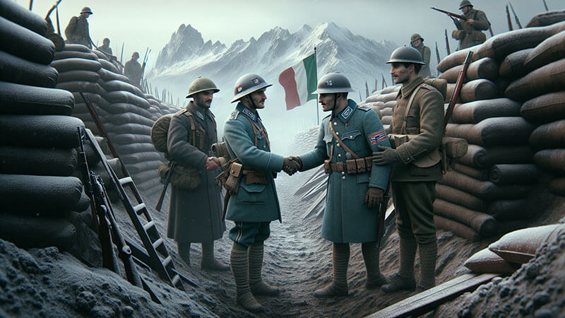 Soldados con uniformes de diferentes ejércitos (uno con una bandera italiana) se dan la mano en el terreno nevado y fangoso de las trincheras, con una montaña nevada en el fondo.