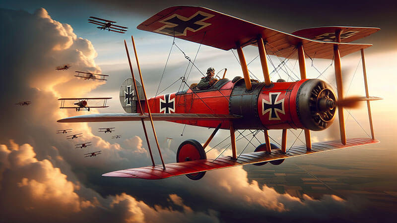 Un aeroplano triplano de color rojo brillante, con cruces negras (insignia alemana), es pilotado en el cielo. Otros biplanos más pequeños vuelan en formación entre grandes nubes.