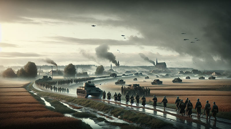 Un mapa antiguo de Europa mostrando las fronteras cambiantes, con líneas de movimiento militar que simbolizan el inicio de la guerra en 1939. El mapa está quemado o desgastado en los bordes.