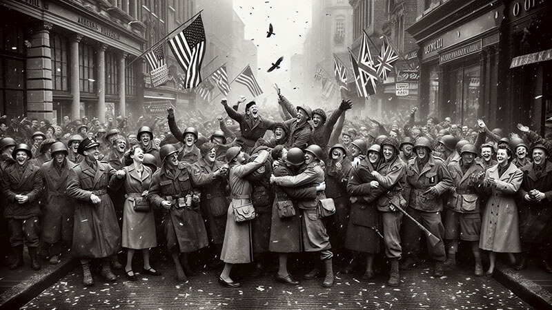 Multitud de civiles y militares celebrando en una calle importante de una ciudad occidental el final de la guerra.