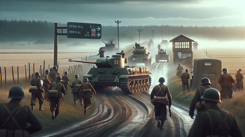 Una columna de tanques alemanes (Panzer) se mueve a través de un campo abierto, con soldados a pie siguiéndolos. La imagen está en blanco y negro, sugiriendo la rapidez de la Blitzkrieg.