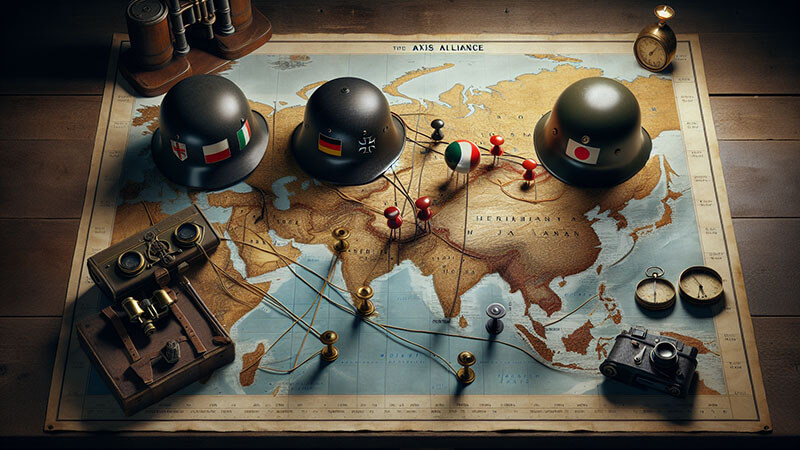 Retratos fotográficos o dibujos de los tres principales líderes de las Potencias del Eje: Adolf Hitler (Alemania), Benito Mussolini (Italia) e Hideki Tōjō (Japón).