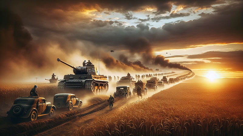 Soldados alemanes con equipo de invierno (cascos y abrigos gruesos) avanzan penosamente a través de un paisaje nevado y desolado, con un tanque T-34 ruso destruido en el fondo.