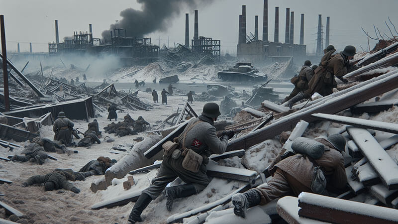 Una escena desoladora de una ciudad completamente destruida: edificios reducidos a escombros, un ambiente frío y nevado. Unos pocos soldados soviéticos se abren paso entre las ruinas.