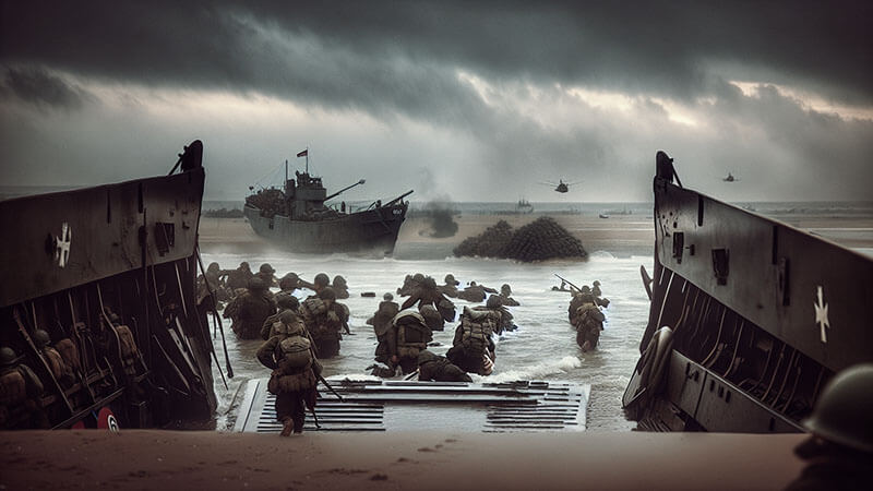 Barcazas de desembarco (LCT o Higgins) se acercan a una playa fortificada, llenas de soldados Aliados. La escena muestra explosiones en la orilla y cielo nublado.