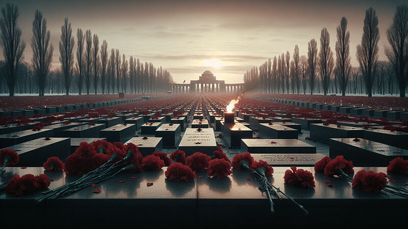 Un grupo de soldados soviéticos con uniformes de invierno y cascos avanza a pie, con armas largas. El grupo parece exhausto pero decidido.