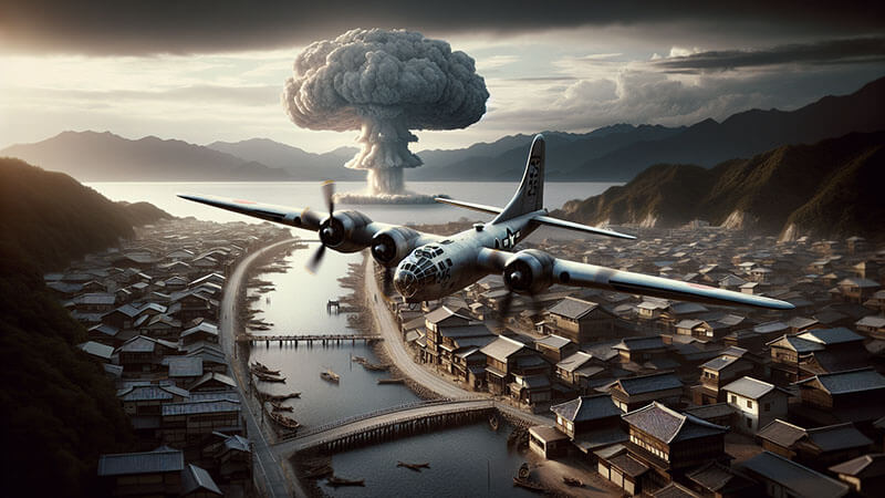 Una explosión nuclear masiva, representada por la inconfundible nube con forma de hongo, se eleva sobre una ciudad japonesa. La escena está dominada por el color naranja y el humo.