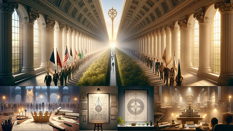 Panel dividido en tres imágenes: un mapa antiguo con rutas marcadas (imperio/conquista), una estatua clásica (arte/inmortalidad) y una figura con una luz en la mano rodeada de personas (inspiración/causa justa).