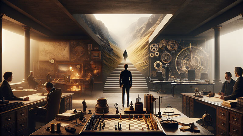 Escena en la que un grupo de hombres en togas y vestimenta antigua se reúnen alrededor de una mesa de piedra en un foro, discutiendo un documento. Al fondo, soldados de guardia, simbolizando la estrategia y la diplomacia.