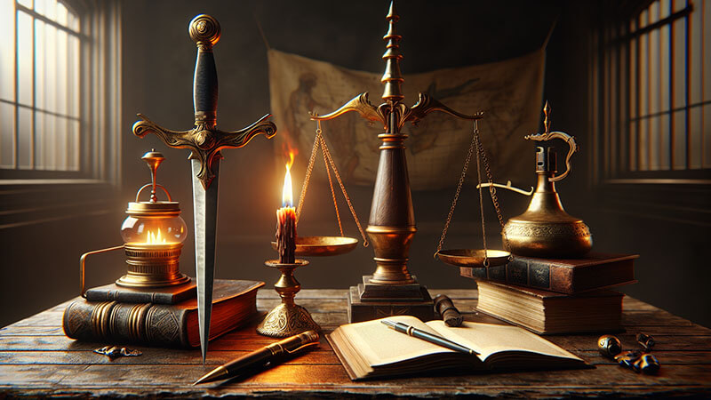 Tres objetos simbólicos: una espada antigua (poder/conquista), una llama encendida (pasión/coraje) y un cuaderno de bocetos con dibujos a pluma (creatividad/ingenio), contrastados por un fondo de mármol.