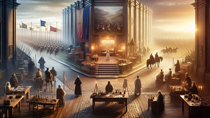 Mosaico de cuatro ambientes: un salón de gobierno o consejo, un taller de trabajo artístico con pinturas y herramientas, un campo de batalla o estrategia militar, y una plaza con una multitud ondeando banderas.