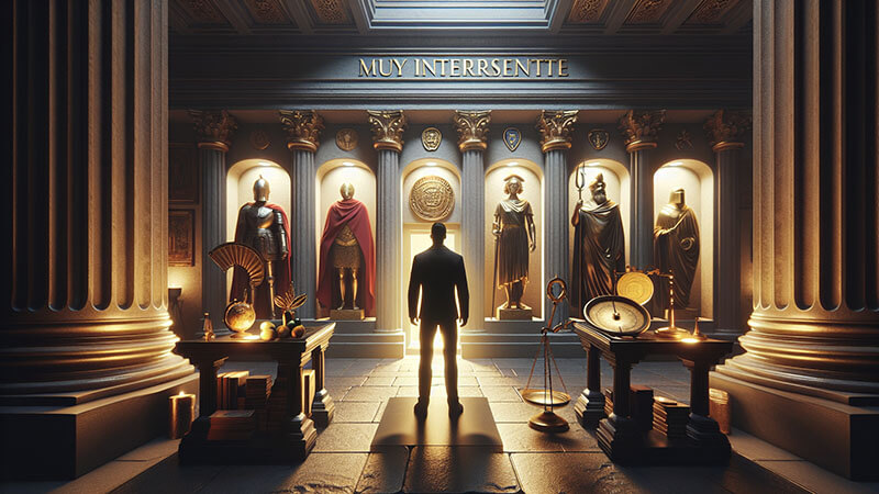 Busto de mármol de un hombre con rostro serio y corona de laurel, simbolizando un líder o emperador. El fondo está desenfocado, lo que resalta la ambición y la determinación histórica.