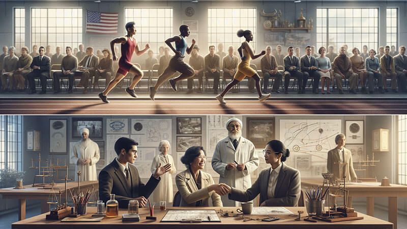 Un hombre con ropa de época (posiblemente un artista o inventor) escribiendo y dibujando en un cuaderno. Alrededor, elementos de arte y ciencia: un astrolabio, pinceles, y una obra de arte inacabada, representando el deseo de crear y la experimentación.