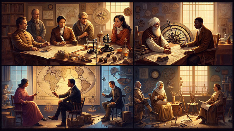 Un mapa antiguo de rutas y territorios extendido sobre una mesa, con brújulas, un compás y plumas, y un hombre con una linterna o candelabro iluminando un punto concreto, simbolizando la planificación a largo plazo y la estrategia.