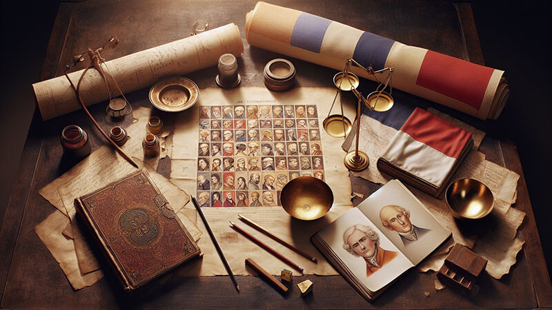 Tres objetos en primer plano sobre un mapa: una balanza de metal dorada (justicia/equilibrio), una bandera enrollada (ideales/misión) y un cuaderno de bocetos con dibujos arquitectónicos a la vista (creatividad).