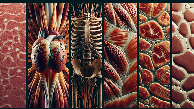 Representación anatómica de músculos, corazón, huesos y tejidos.