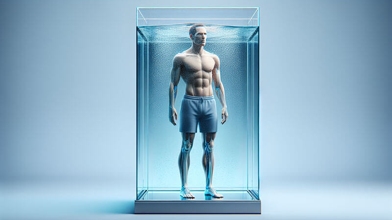Figura masculina dentro de un tanque de agua transparente.