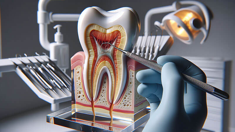 Dentista examinando un modelo anatómico de un diente humano.