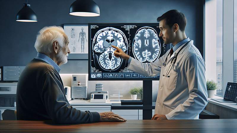 Médico mostrando un escáner cerebral a un paciente mayor en una consulta.