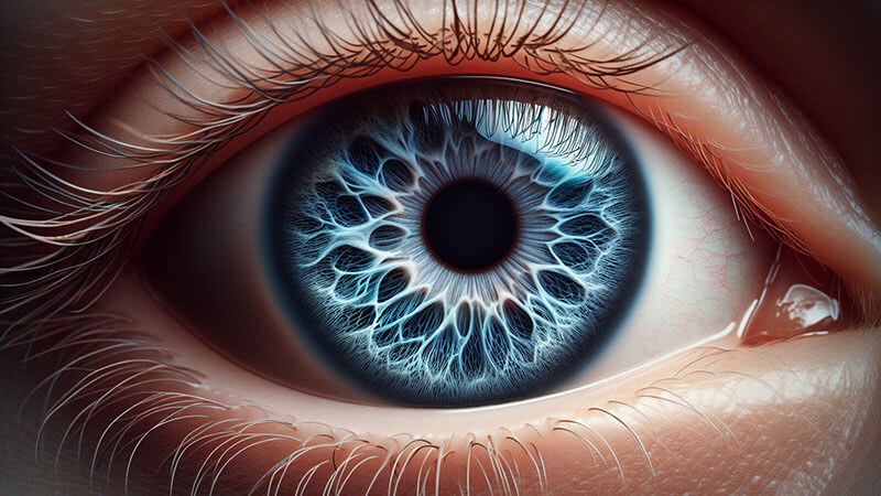 Primer plano del iris azul de un ojo humano.