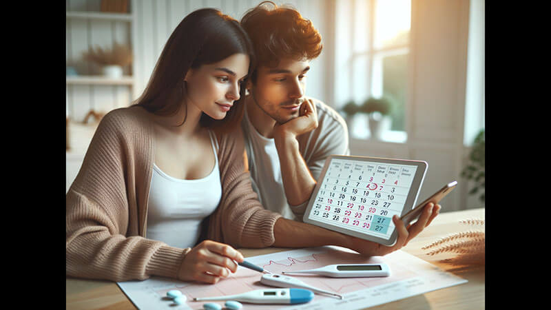 Pareja observando un calendario de fertilidad en una tableta digital.