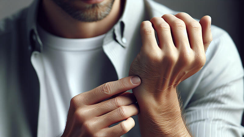 Persona palpando su pulso en la muñeca izquierda con la mano derecha.