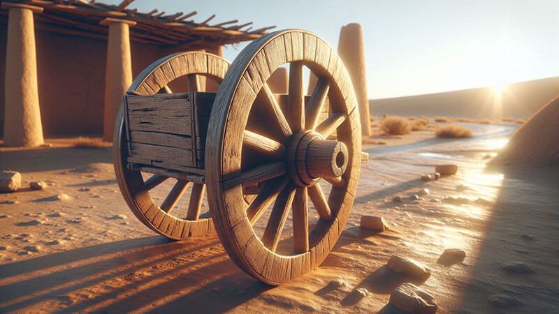 Primer plano de una rueda toscamente labrada, posiblemente de madera maciza, apoyada en el suelo en un entorno primitivo, simbolizando la invención más importante y simple de la humanidad.