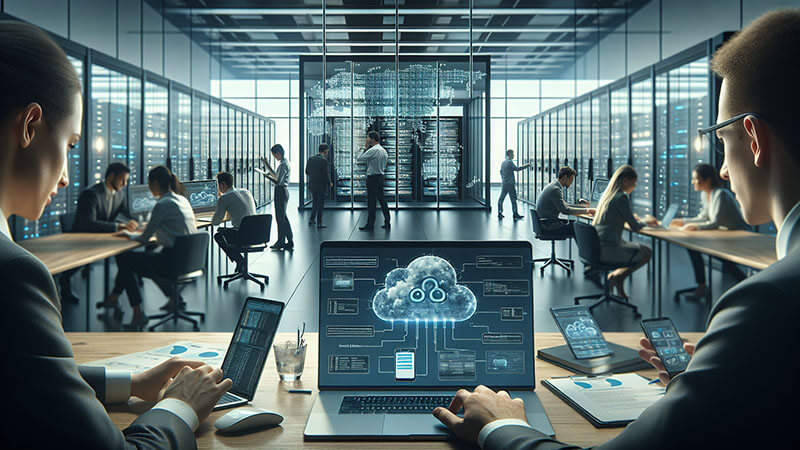 Un diagrama conceptual de "la nube" (Cloud Computing), donde varios dispositivos (móviles, tabletas, PC) se conectan a una estructura de nube digital en un fondo abstracto de datos y redes.