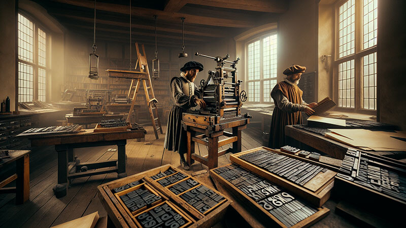 Una réplica de una imprenta de tipos móviles del siglo XV, con tipos de metal visibles y un proceso de impresión manual en curso, que representa el invento de Johannes Gutenberg.