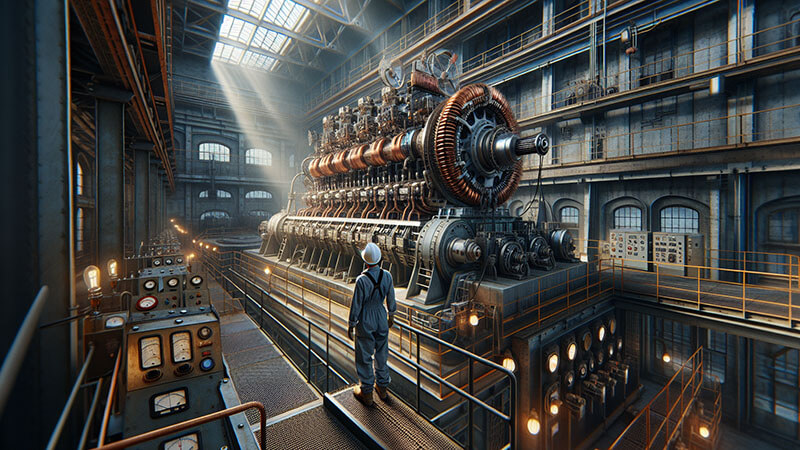 Un gran generador eléctrico industrial (dinamo) con bobinas de cobre y maquinaria compleja en una sala de máquinas, simbolizando el inicio de la producción masiva y asequible de electricidad.