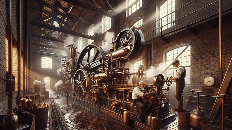 Ilustración o modelo antiguo de una máquina de vapor. Se aprecian sus pistones, ruedas de engranaje y tuberías, representando el motor de la Revolución Industrial.