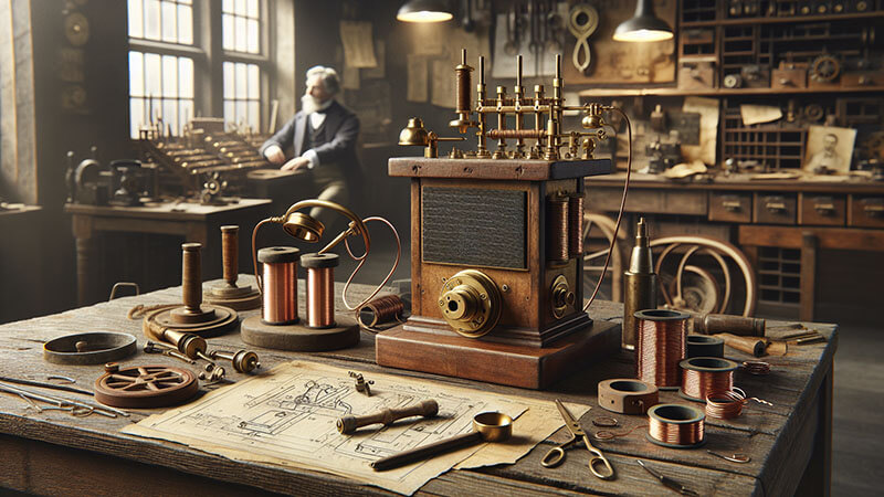 Un teléfono de mesa antiguo (tipo magneto) con un auricular y un transmisor separados, que ilustra el diseño original del aparato inventado por Alexander Graham Bell.