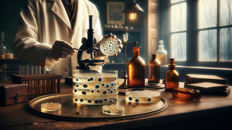 Un primer plano de placas de Petri de laboratorio donde el crecimiento bacteriano está inhibido por colonias de moho (Penicillium), creando un halo claro, el efecto descubierto por Alexander Fleming.