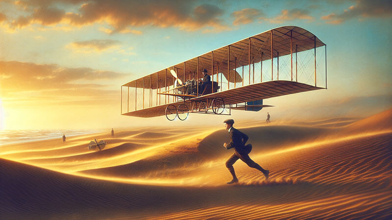 Una fotografía histórica del primer avión de los hermanos Wright (Wright Flyer) realizando un vuelo bajo. Su estructura de madera y tela, y el piloto, son visibles.