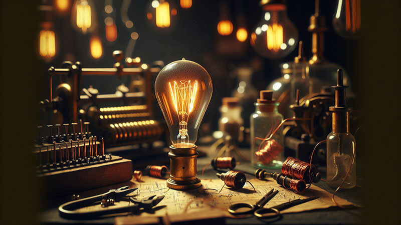 Una bombilla de filamento incandescente de estilo antiguo, encendida y brillando con un resplandor cálido, cuyo filamento es claramente visible, representando la invención de Thomas Edison.