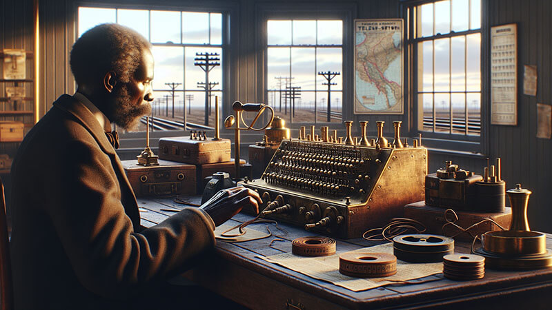 Una llave de telégrafo antigua (manipulador de código Morse) sobre una mesa de madera. Un operador está a punto de presionar el botón para enviar un mensaje codificado.