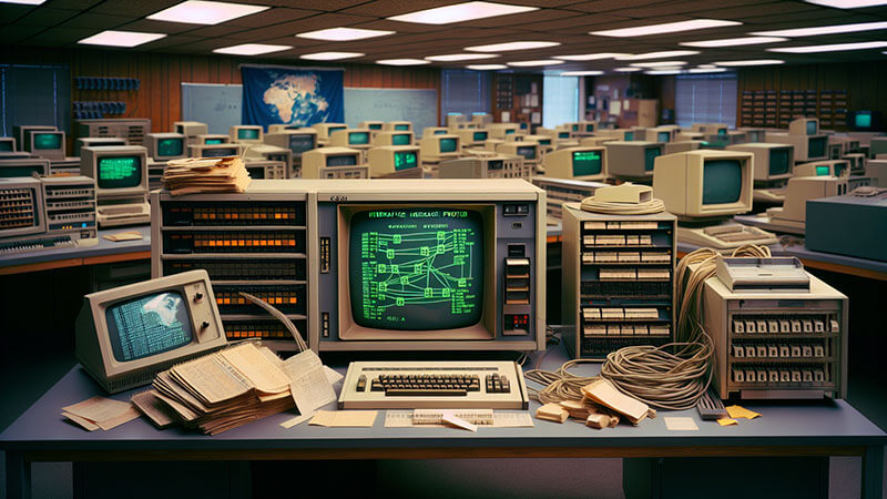 Un diagrama esquemático antiguo de una red de computadoras, con nodos conectados por líneas. El diagrama se enfoca en la conexión de sistemas informáticos en los años 60 o 70, simbolizando ARPANET.