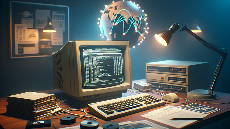 Retrato de perfil de un hombre (similar a Tim Berners-Lee) trabajando en una computadora antigua con un monitor de tubo de rayos catódicos, en una oficina desordenada, evocando el nacimiento de la WWW.