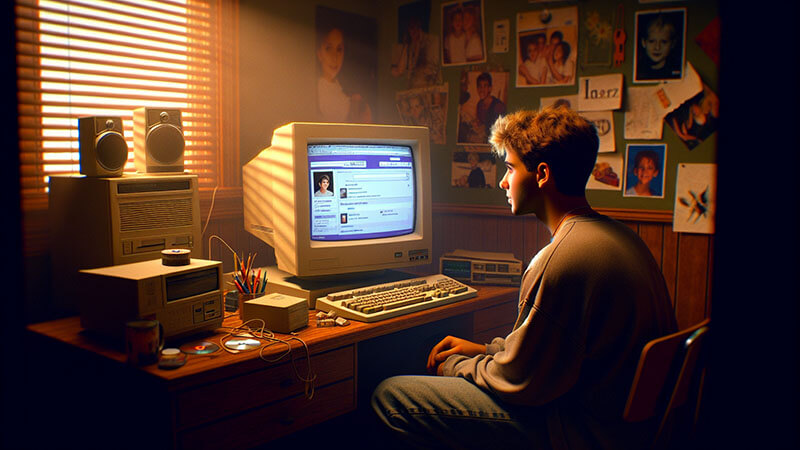 Una pantalla de computadora que muestra el diseño colorido y personalizable de una antigua interfaz de MySpace, con perfiles de usuarios y listas de amigos.