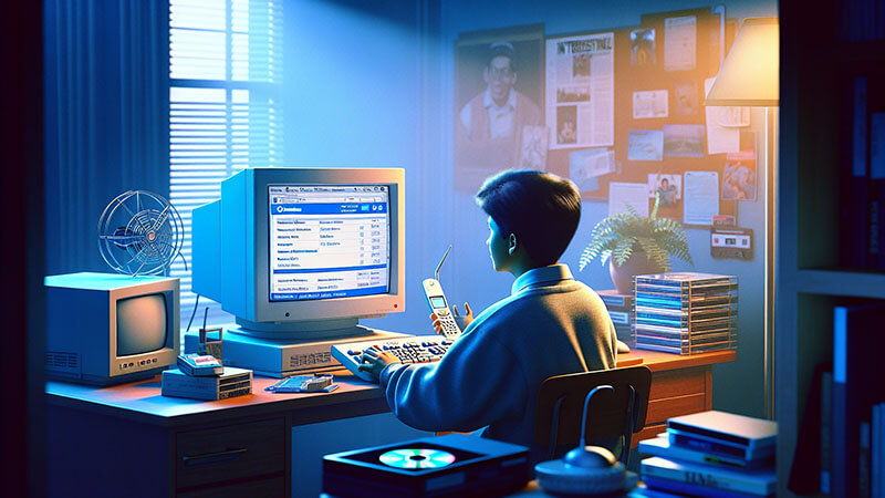 Una computadora con la pantalla abierta en una versión temprana de la interfaz de Facebook, mostrando una foto de perfil y una línea de tiempo simple.