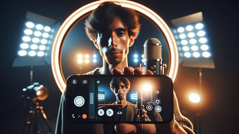 Una pantalla de móvil mostrando un vídeo corto a pantalla completa, con iconos de "Me gusta", comentarios y compartir. Iconos de aplicaciones de redes sociales en el fondo sugieren contenido viral.