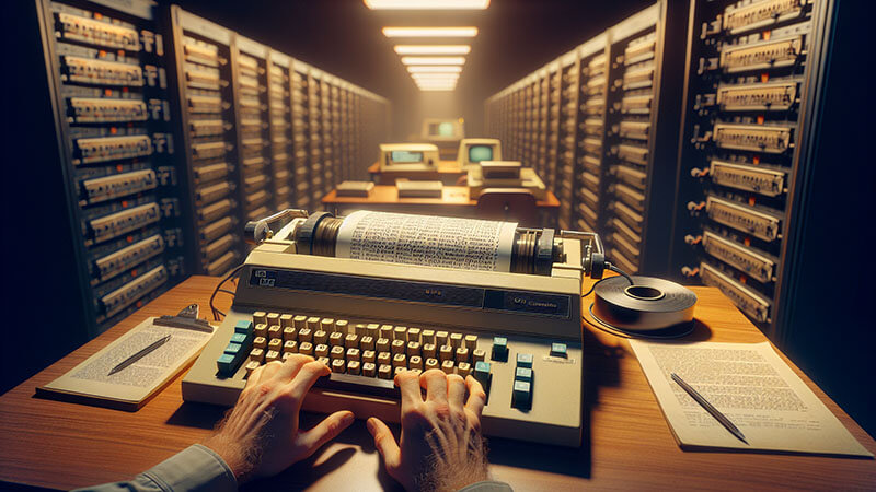 Un terminal de computadora de los años 70 con pantalla verde. En la pantalla se ve un texto simple y una arroba (@) en un mensaje de prueba inicial.