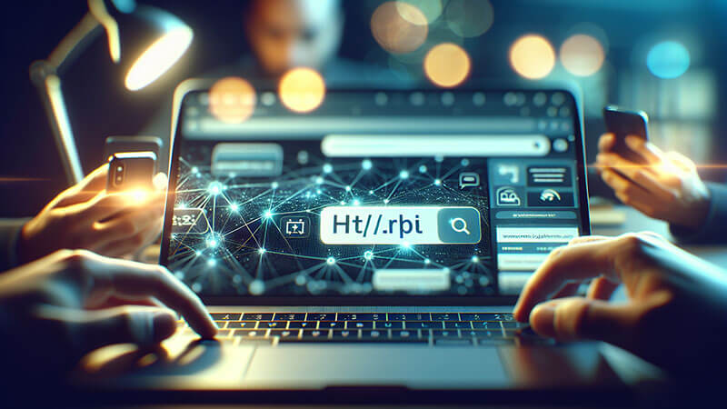 Una pantalla de ordenador que muestra el texto http:// en una barra de dirección de navegador, con líneas de código y etiquetas HTML alrededor. El fondo tiene un diseño futurista o de red.