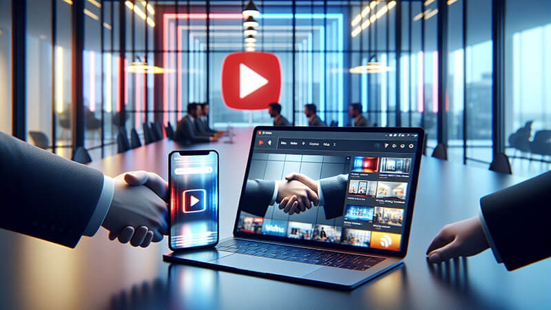 Una pantalla dividida o un gráfico que muestra el logotipo de YouTube junto al logotipo de Google, simbolizando la adquisición y la fusión de ambas plataformas.