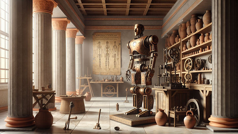 Una ilustración de estilo antiguo que representa una figura mecánica o autómata, posiblemente un guerrero o una figura mitológica de la Antigua Grecia.